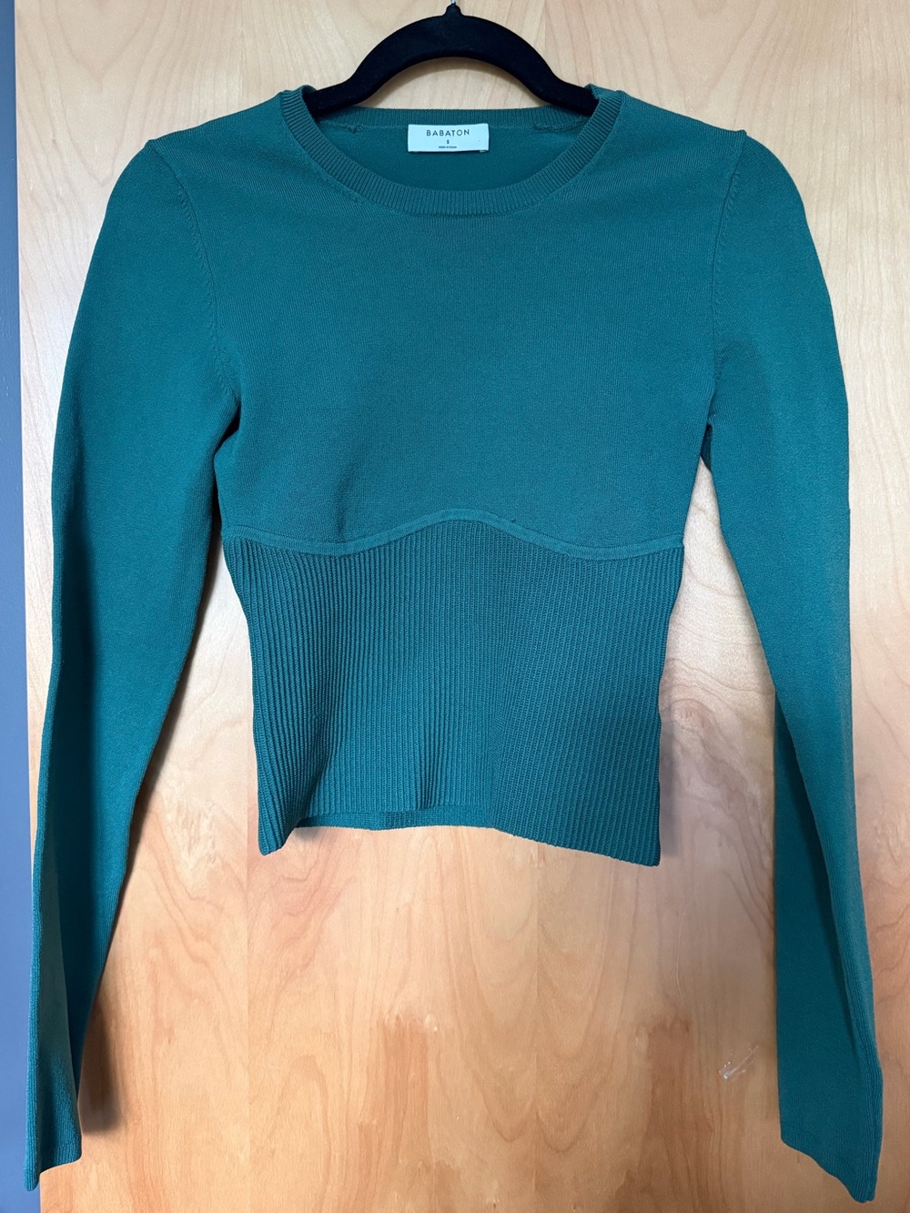 Aritzia Babaton Teal Green Ribbed-Waist Sculpt Knit Long-Sleeve Top